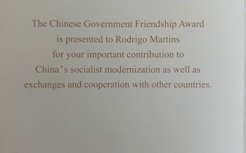 Chinese Government Friendship Award Diploma
